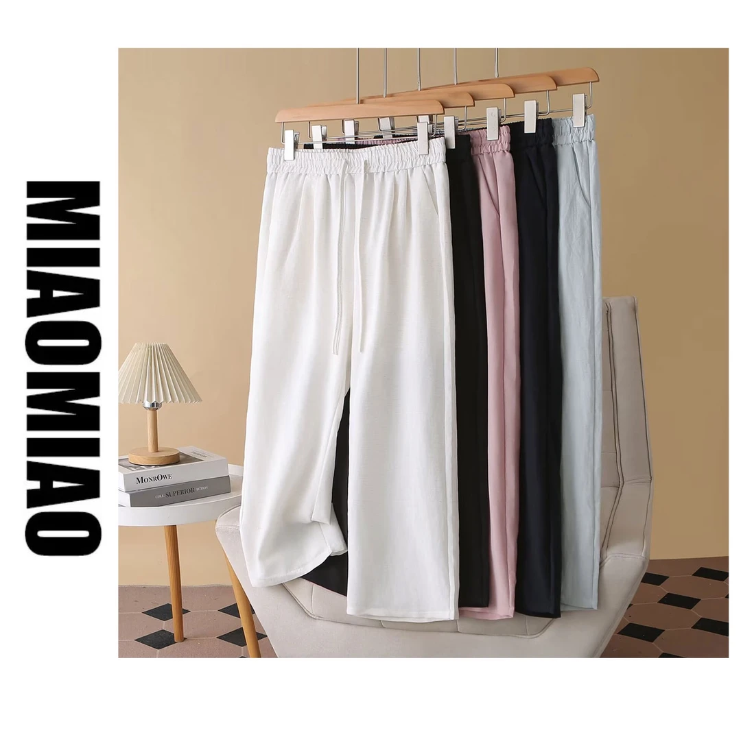 大码薄款透气休闲裤高腰垂感清凉感亚麻8分裤2533