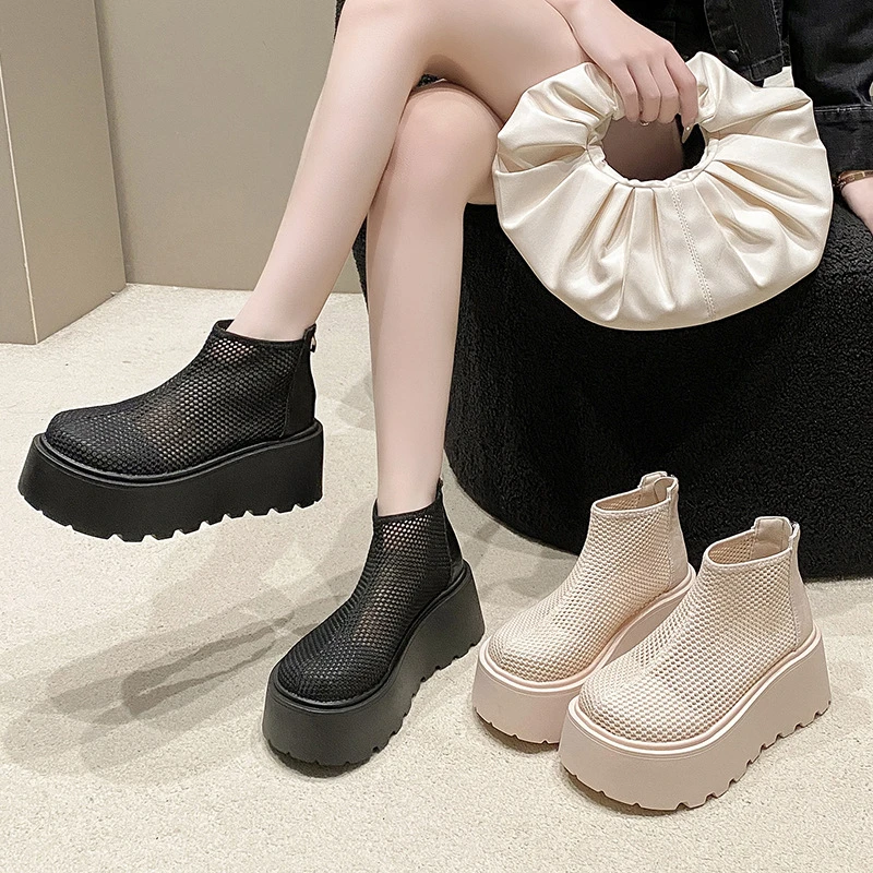 高帮凉鞋女款2025新款夏季厚底增高松糕鞋小个子网纱透气凉靴外穿