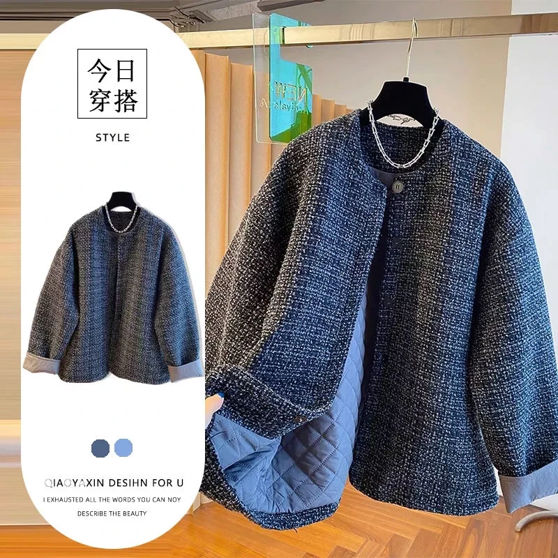 韩版宽松设计感夹棉棉服外套女2025秋冬高级感加厚粗花呢外套