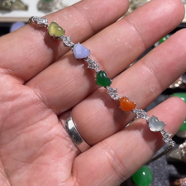 翡翠裸石多宝爱心手链 定制银镶