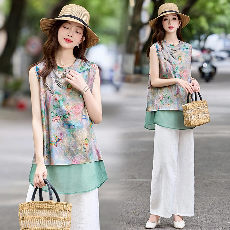 新中式国风印花马甲套装女2025夏季新款复古盘扣拼接阔腿裤两件套