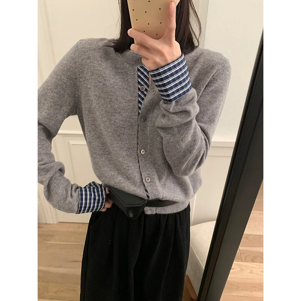 拼接针织开衫女早秋内搭打底衫宽松毛衣短款上衣