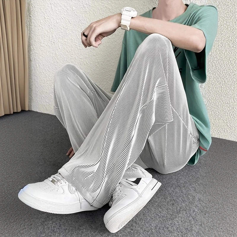 仓石一树潮牌条纹冰丝裤子男士夏季薄款休闲裤百搭垂感直筒阔腿裤