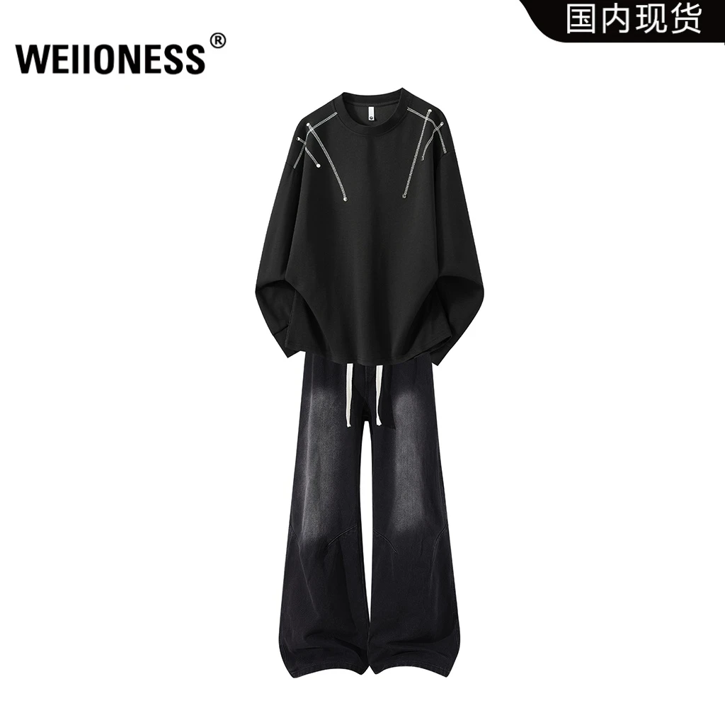 WEIIONESS长袖T恤套装男士秋冬美式高街上衣牛仔裤两件套轻奢男装