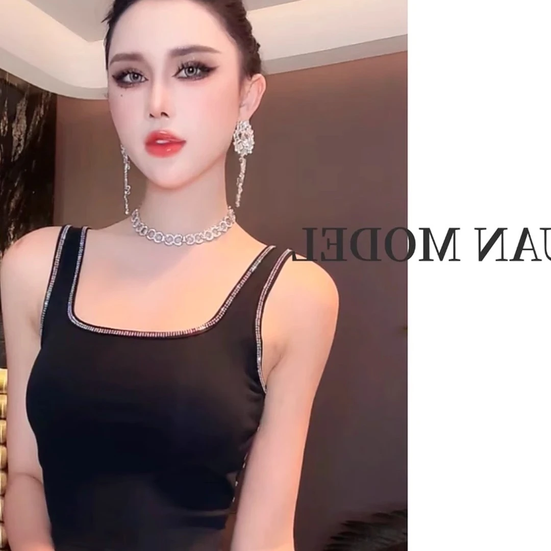 夏季法式精致高级轻奢洋气女上衣时装后背交叉烫钻背心打底衫