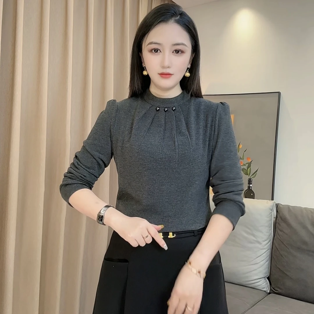 Y8881冬季钉珠百搭圆领长袖显瘦弹力衬衫洋气上衣