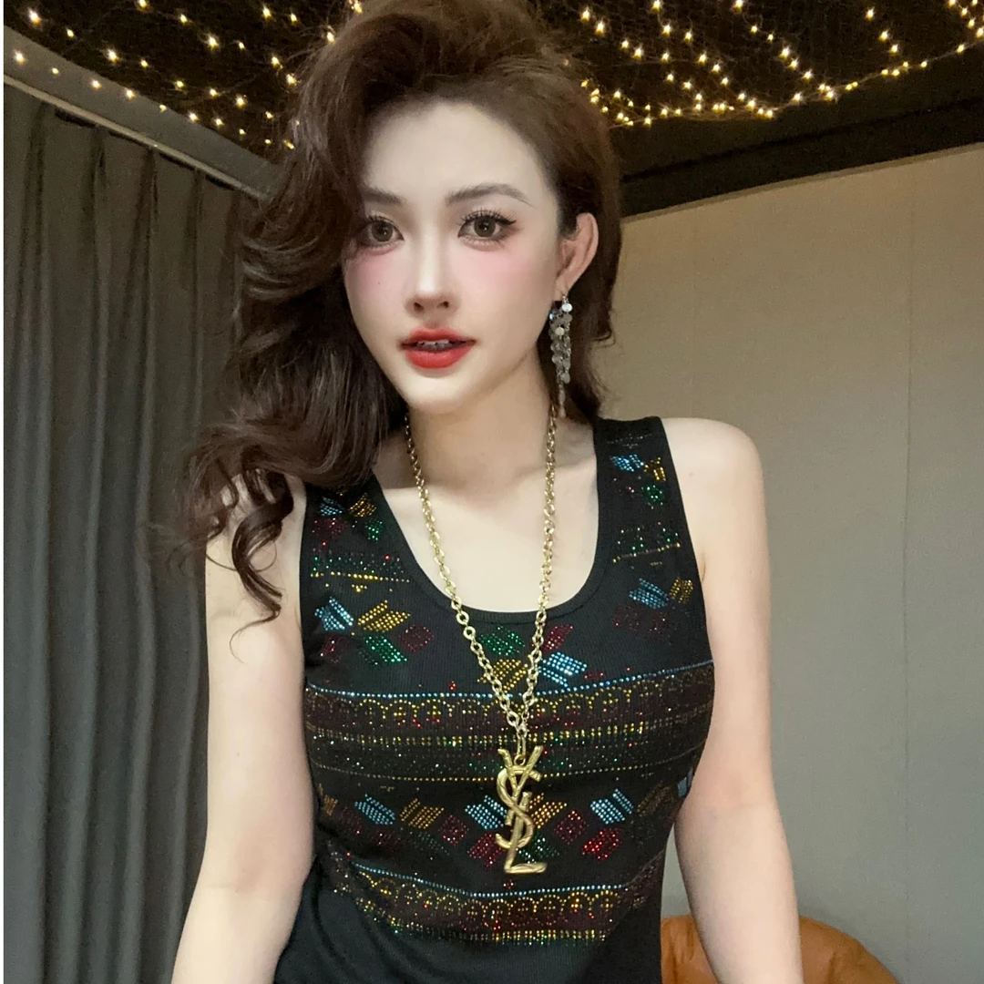 【夏季新款】民族风圆领欧货亮钻休闲气质爆款时尚重工烫钻女装背心