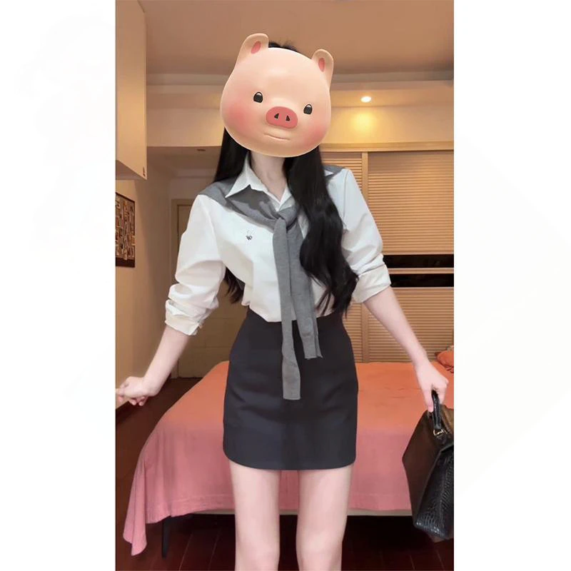 春秋新款女韩系穿搭翻领衬衫上衣修身针织披肩高腰显瘦半身裙套装