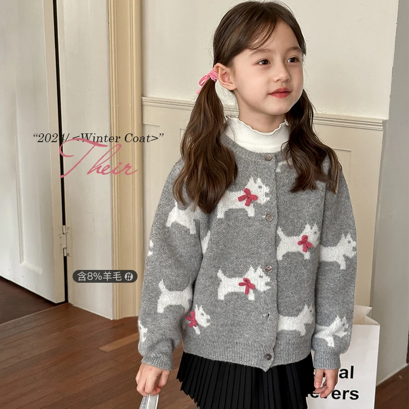 2024秋冬季新款儿童蝴蝶结小狗圆领针织衫女童甜美毛衣开衫外套