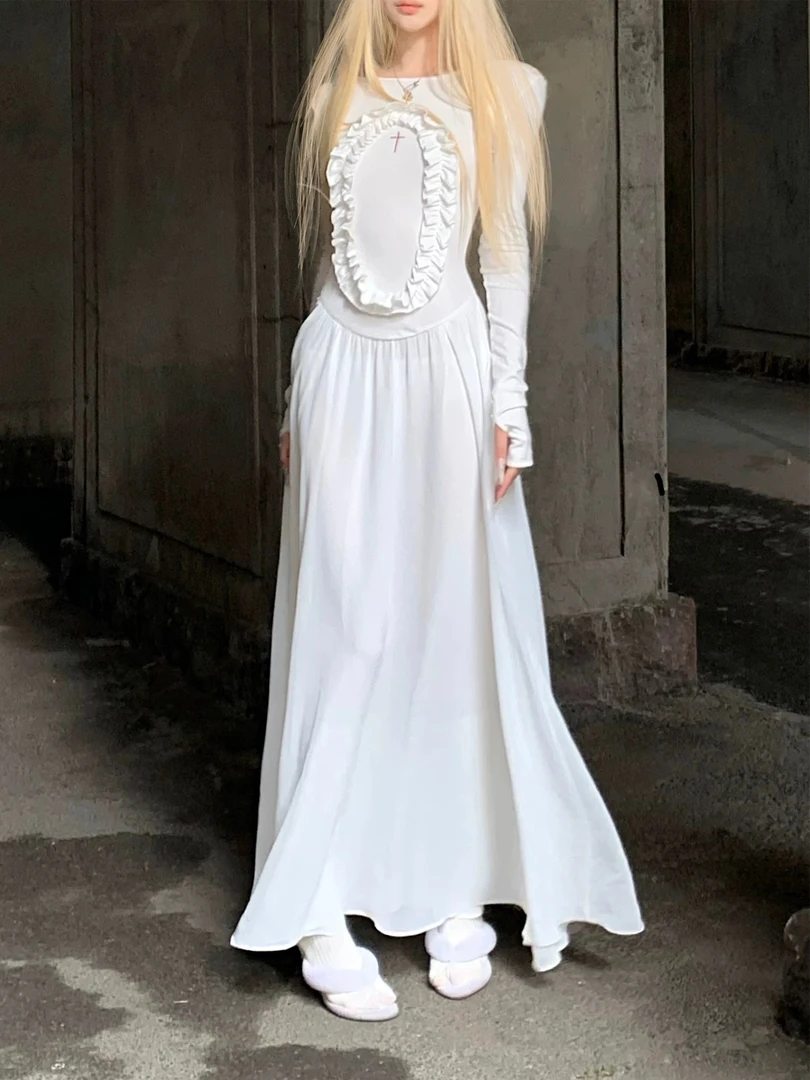 8119长裙/白色十字花边长袖连衣裙
