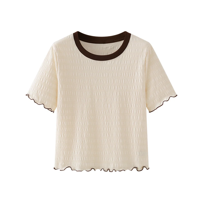 温柔撞色圆领木耳边短袖T恤女减龄法式设计感甜美上衣夏