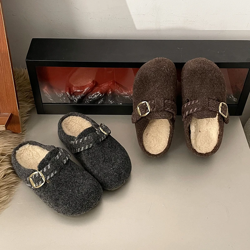 超火厚底内增高加绒毛呢勃肯鞋包头半拖鞋女外穿秋冬新款博肯棉鞋