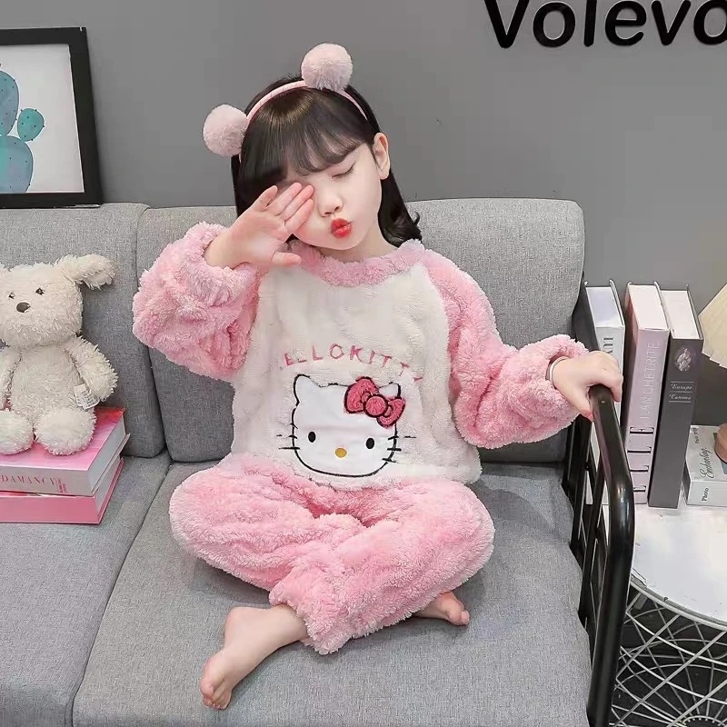 女童睡衣保暖法兰绒秋冬季宝宝加厚儿童女孩珊瑚卡通家居服套装