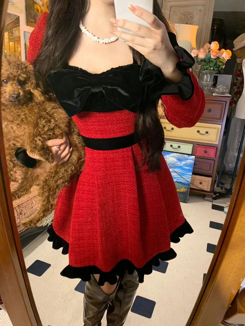 清仓《大蝴蝶结小香》秋冬圣诞风加厚红色小香风编织气质短裙连衣裙