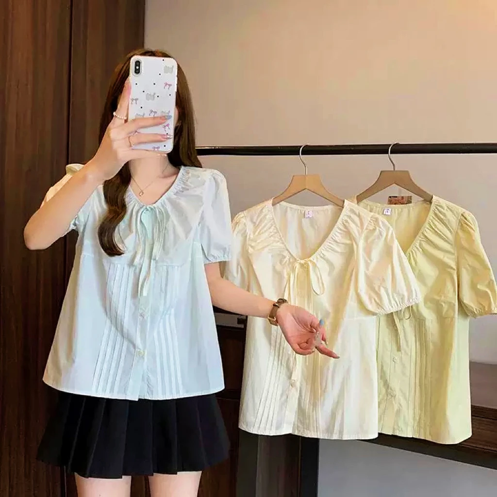 法式抽褶系带v领泡泡袖衬衫女夏装大码胖mm遮肚子显瘦娃娃衫0414