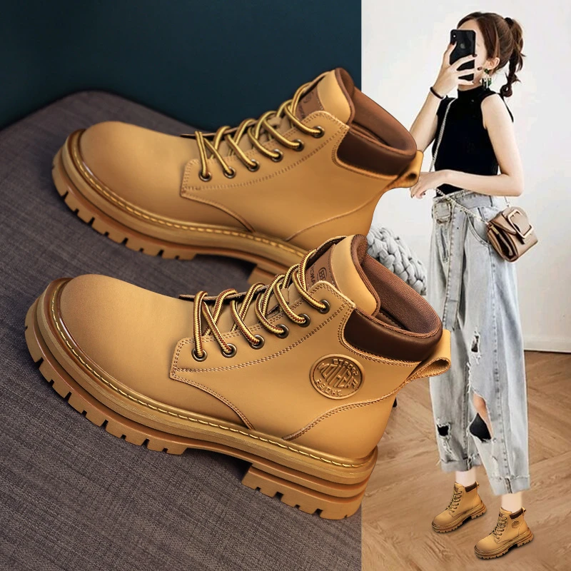 真皮大黄靴女马丁靴2025秋季时尚英伦风靴子秋冬加绒踢不烂工装靴