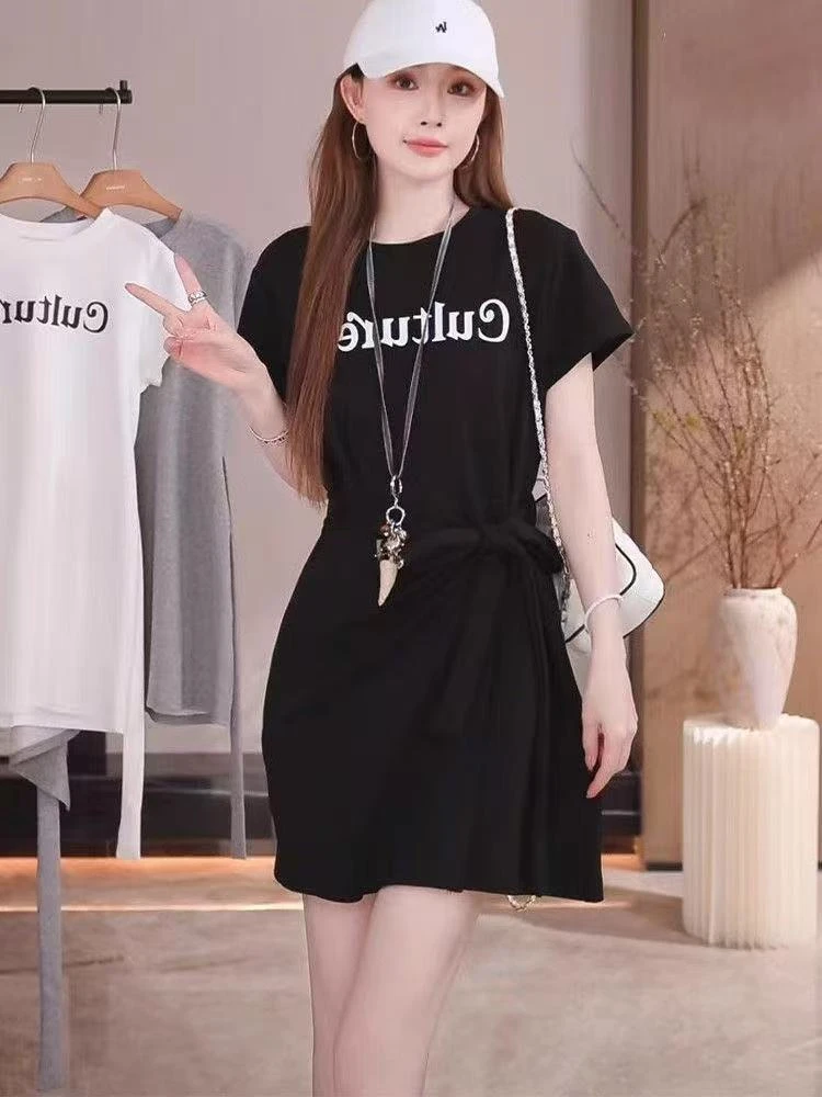 韩系时尚显瘦假两件短袖设计感字母印花收腰连衣裙