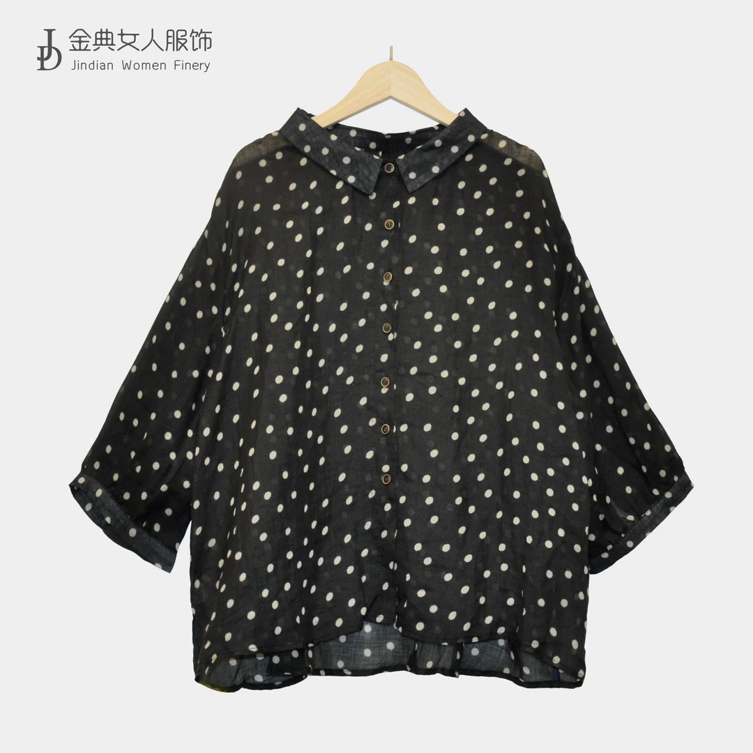 【金典女人服饰】翻领单排扣苎麻休闲波点衬衫     百搭女上衣5202