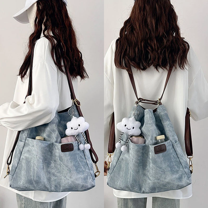 牛仔纹软皮三用包包女大容量通勤单肩托特包百搭大学生上课斜挎包