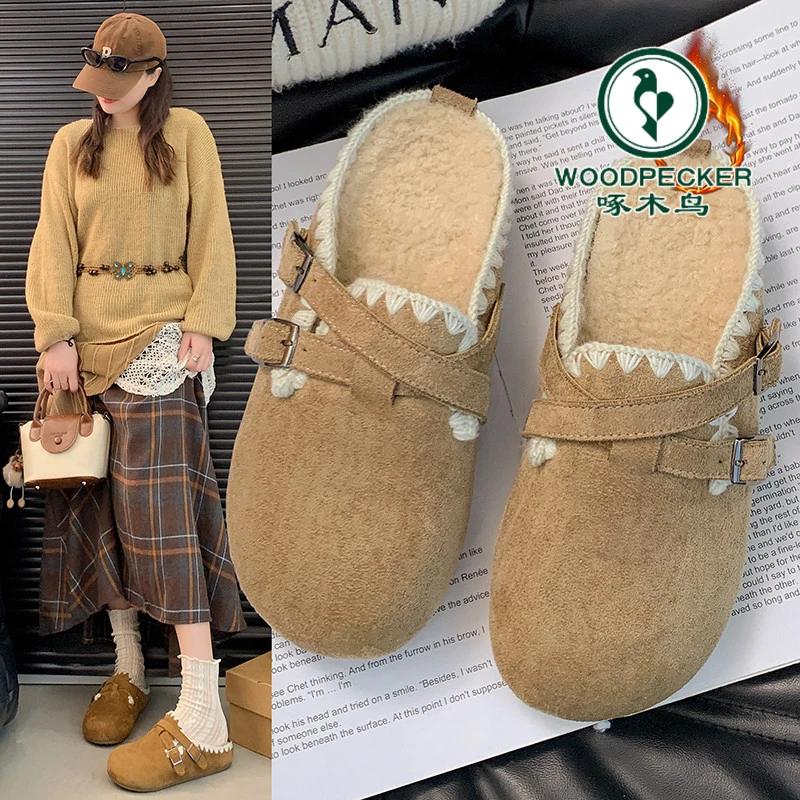 啄木鸟软底加绒勃肯鞋女款花边包头棉拖鞋2025秋冬新款一脚蹬半拖