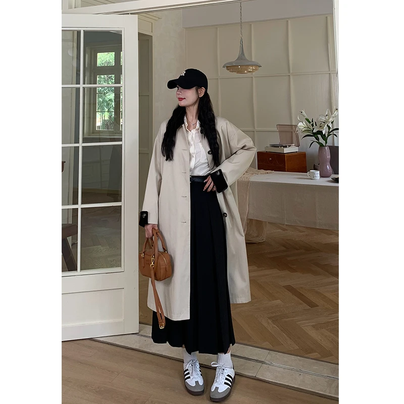 【柏林假日】秋季撞色拼接大翻领简约气质大方百搭风衣DM21595