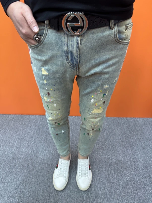春夏牛仔裤修身小脚裤点漆时尚个性男裤子韩版潮流牛仔裤破洞百搭