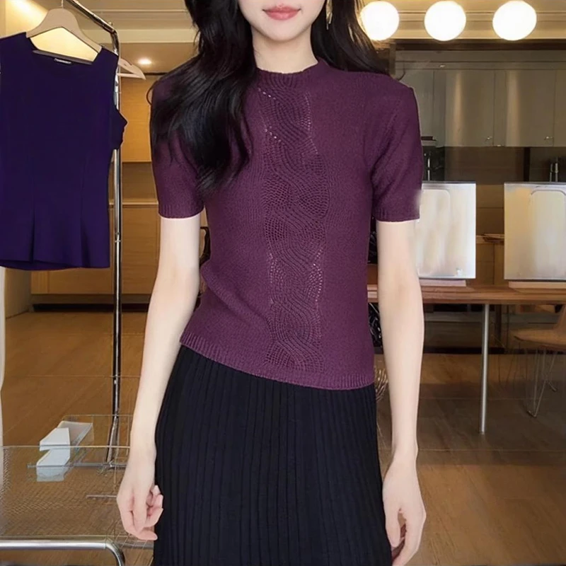 轻奢纯色设计感钩花镂空针织衫2025夏季新款时尚气质韩系显瘦上衣