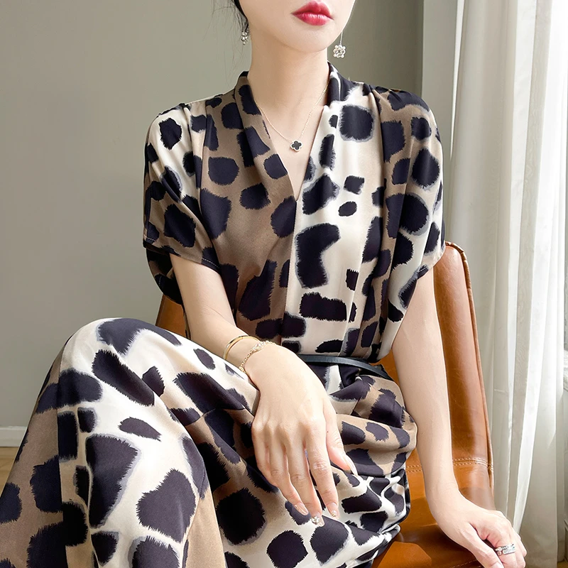 豹纹长裙高连衣裙法式甜美夏裙宽松印花夏季显瘦性感韩版