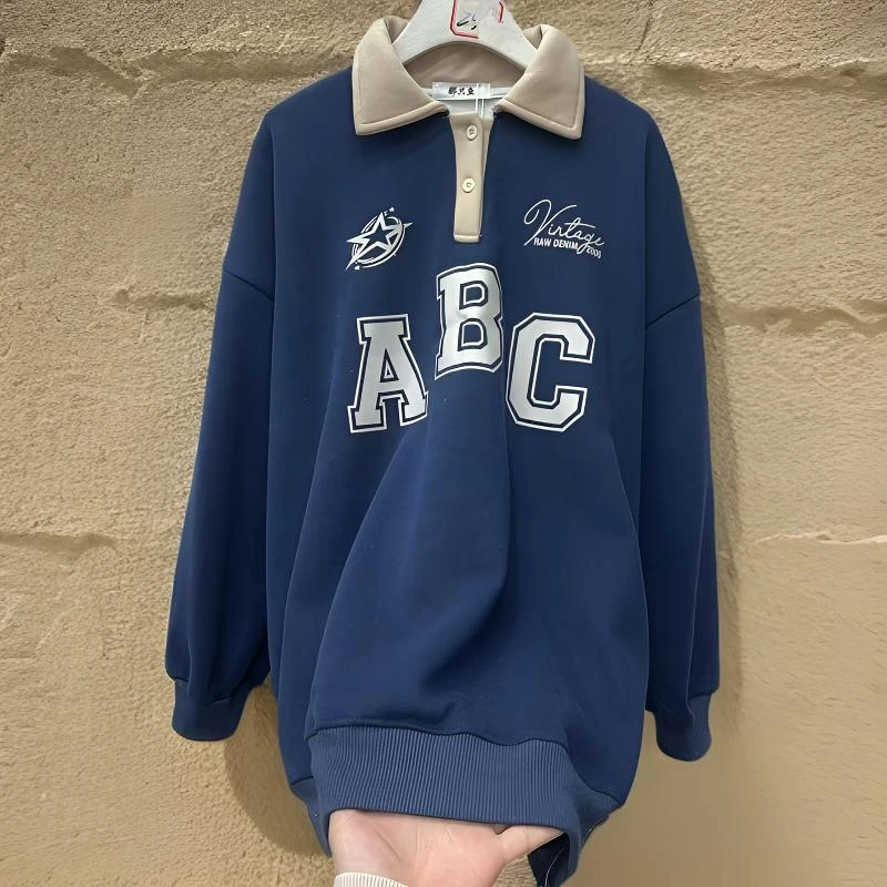 2203#【衣长75左右】秋冬Polo领ABC字母印花宽松休闲中长款加绒卫衣