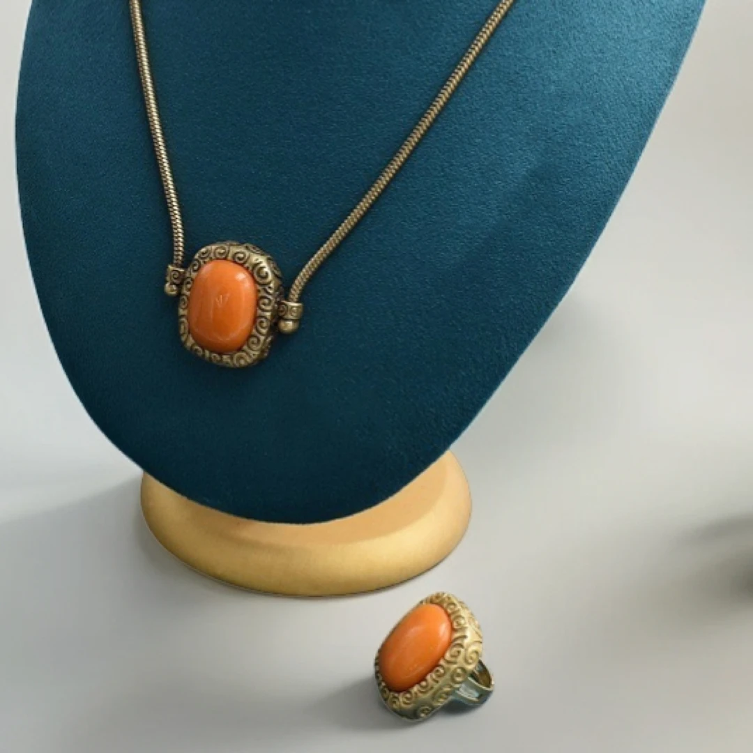 铜合金项链 vintage法式时尚复古高级优雅方糖百搭项链戒指套装女