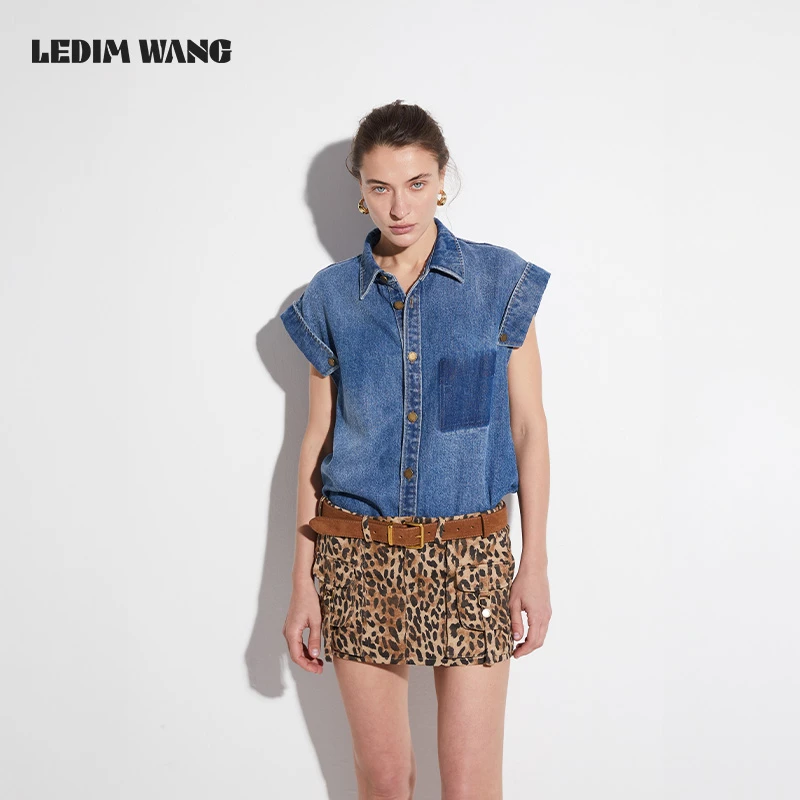 LEDIM WANG【白标系列】解构无袖牛仔衬衣女夏2025新款宽松衬衣