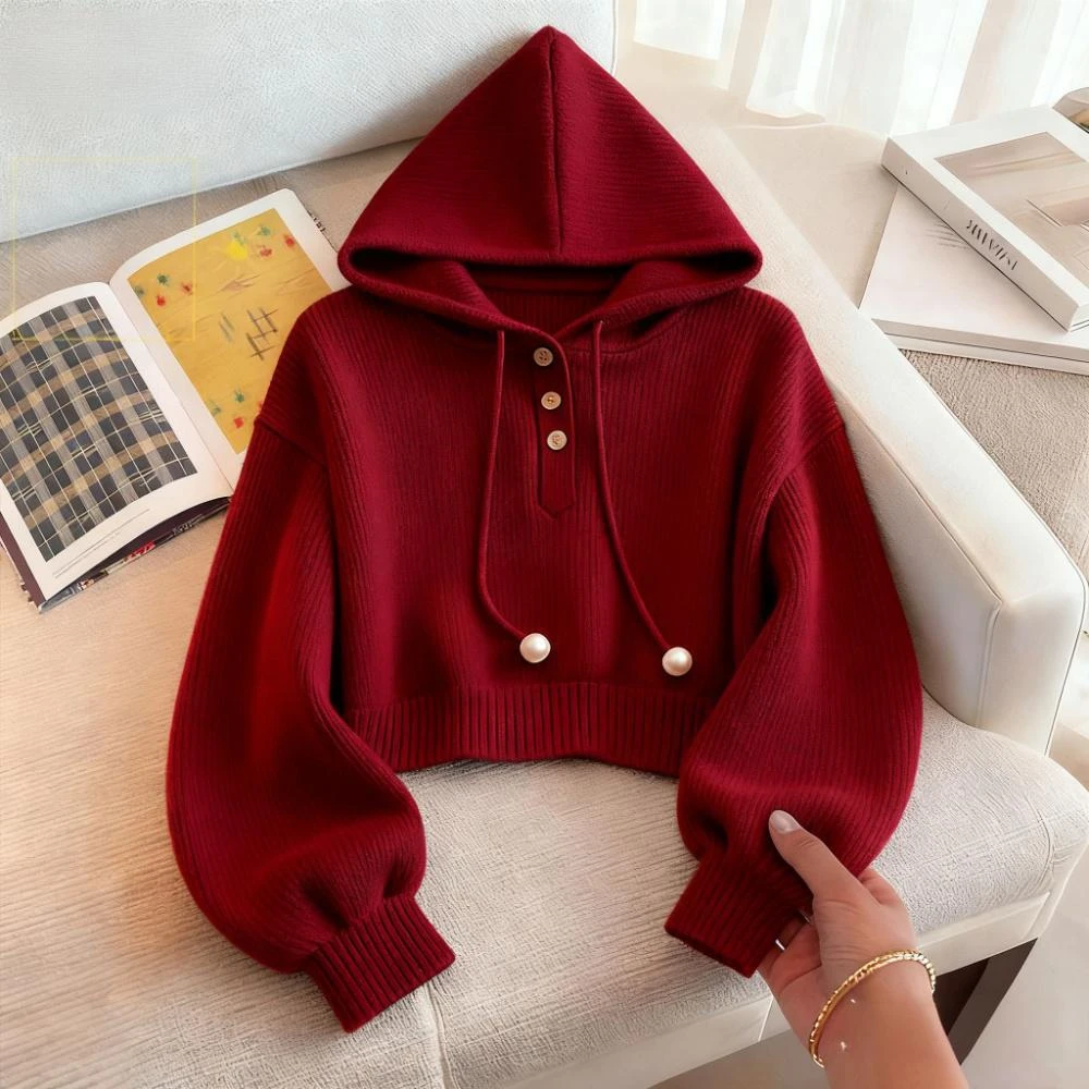 法式轻熟风宽松休闲毛针织衫秋季新款安可拉红洋气显瘦连帽上衣女