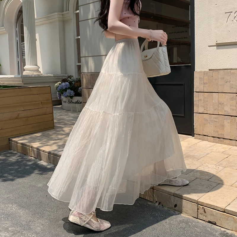 夏季新款显瘦半身裙女三节蛋糕裙松紧高腰大摆a字裙飘逸仙纱裙子