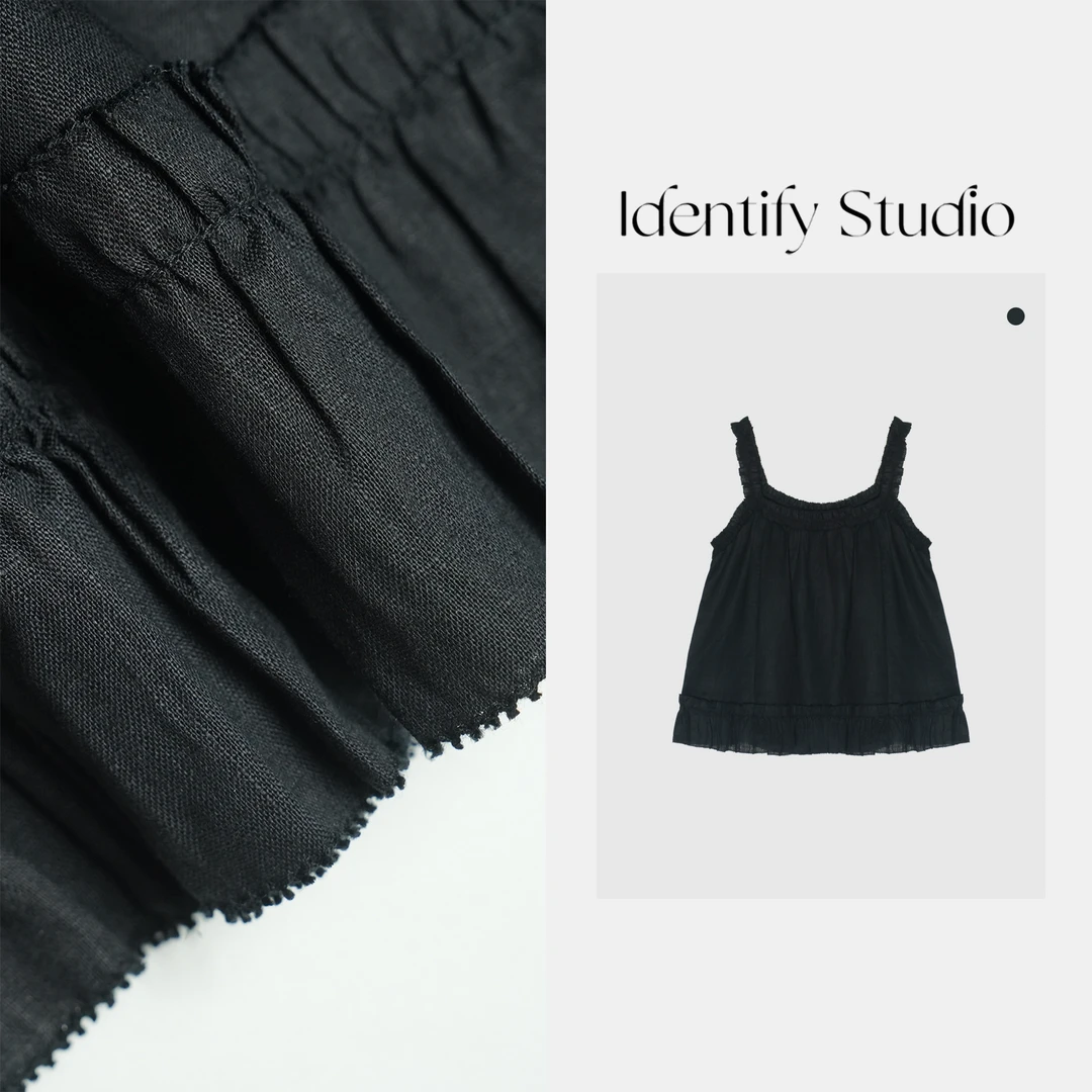 IDENTIFY"夏慕熏"夏季新款百搭木耳花边褶皱亚麻吊带背心25SS