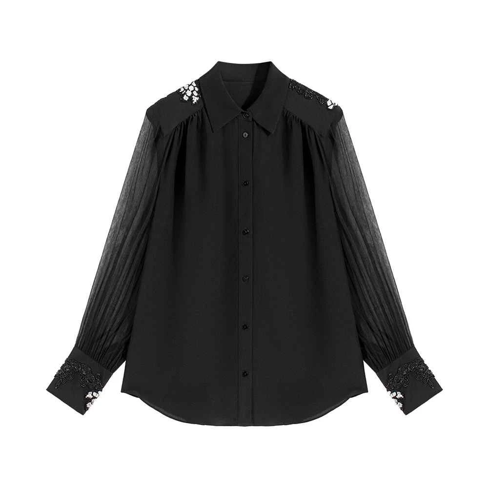 "盛夏炎炎"2024夏季钉珠气质长袖时尚休闲显瘦上衣衬衫/S861