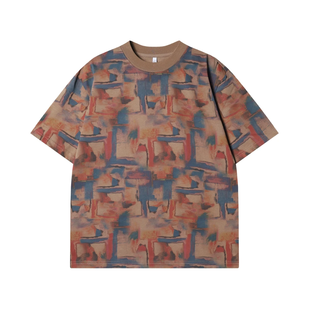 夏季高级感新款潮牌设计感迷彩圆领短袖T恤痞帅百搭高街上衣