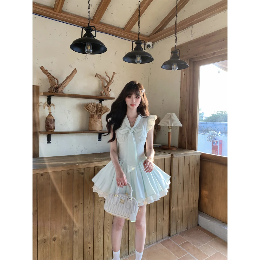 越韩小鱼 苏打甜柠 法式纯欲甜美风蓬蓬裙夏季蕾丝边小飞袖连衣裙