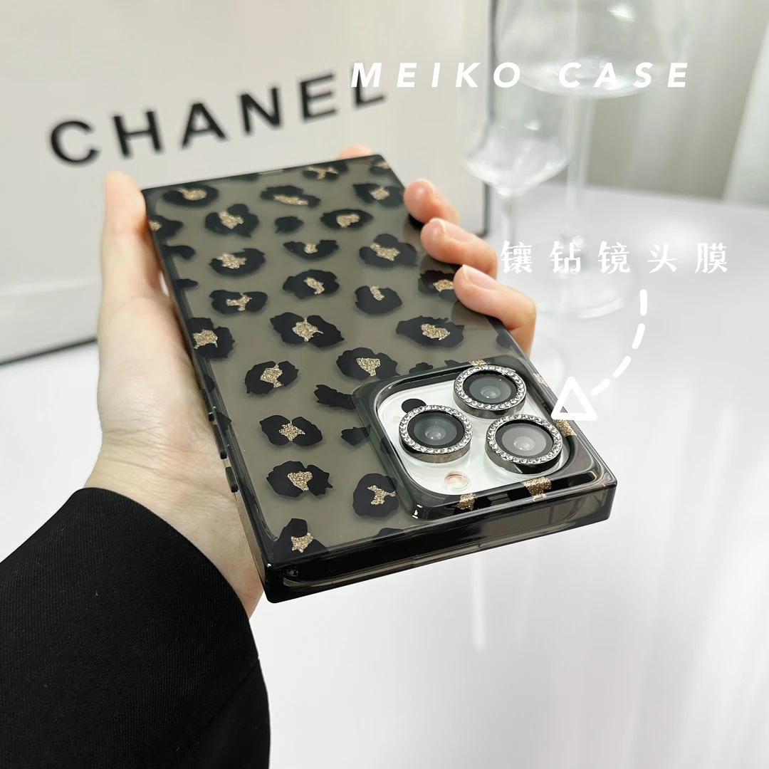 透黑金豹纹方形手机壳适用苹果16全包大孔15promax镜头膜14保护13