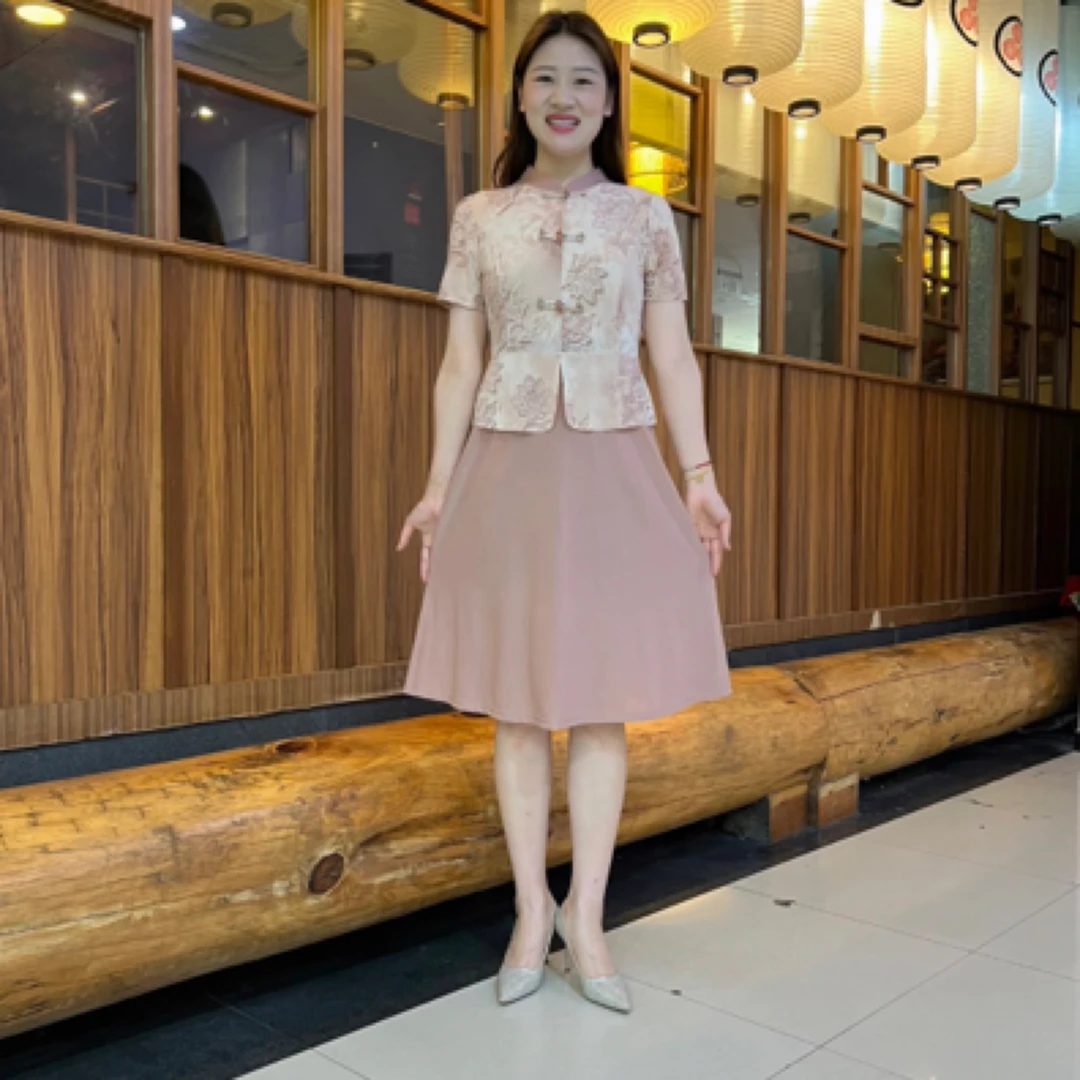 母亲节新款妈妈复古显瘦新中式假两件夏季中长款连衣裙