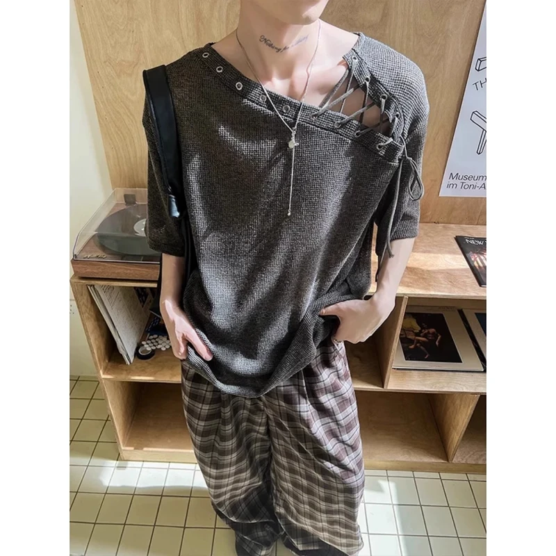 【错频拥抱】斜肩不规则T恤男夏季薄款设计感镂空短袖垂坠感半袖