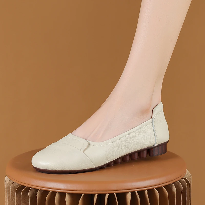 真皮牛皮平底豆豆鞋女浅口软底透气防滑中老年女士妈妈鞋休闲单鞋