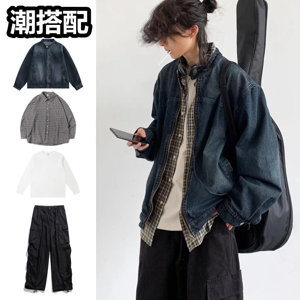 春秋日系复古水洗牛仔外套装男女宽松百搭衬衣休闲裤夹克一整套潮