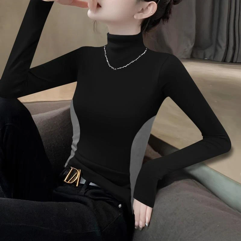 2025新款秋冬撞色半高领显瘦修身设计感打底衫内搭女t恤长袖上衣