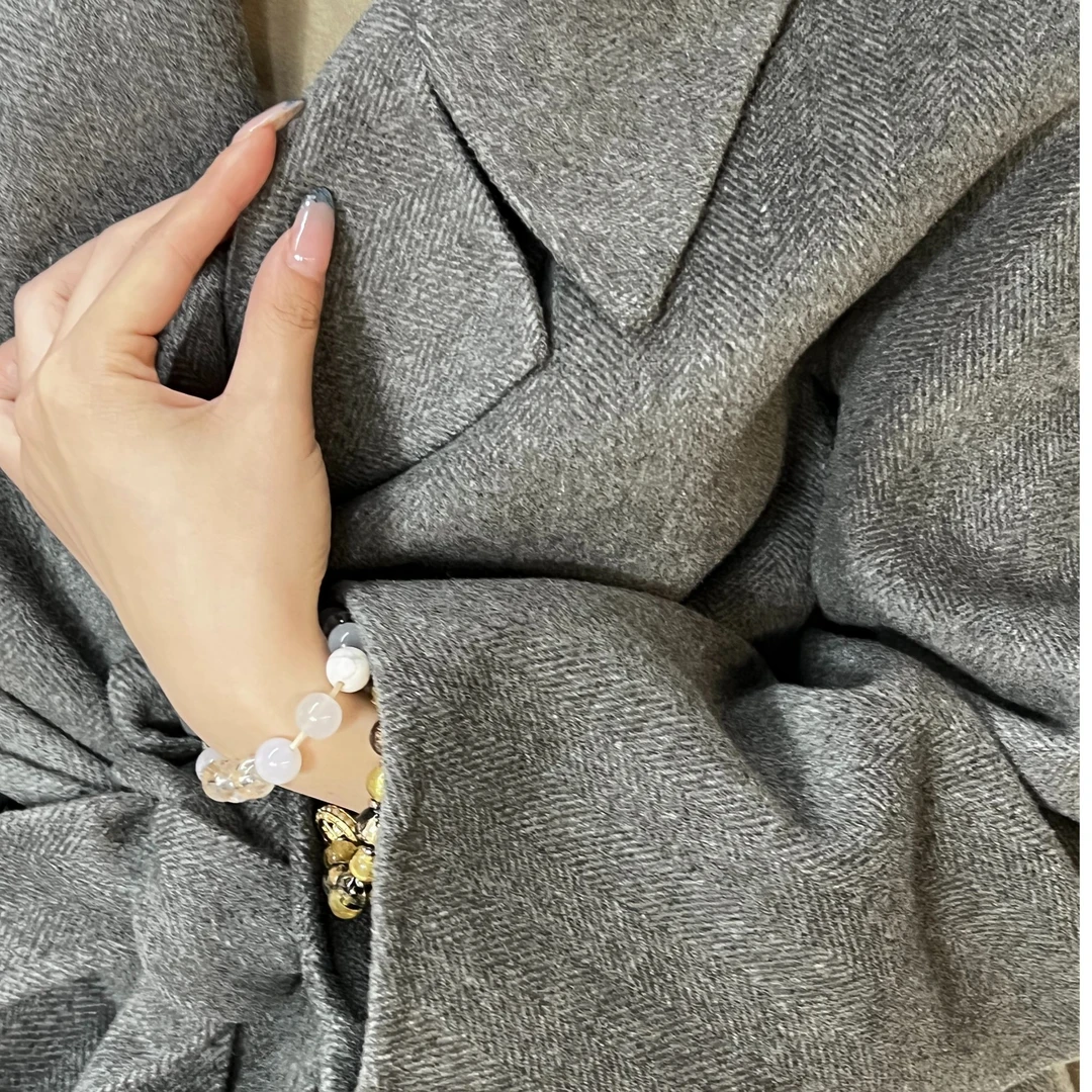 ( 孤品)老钱风大衣灰色翻领千金风中长款外套(断码链接介意勿拍)