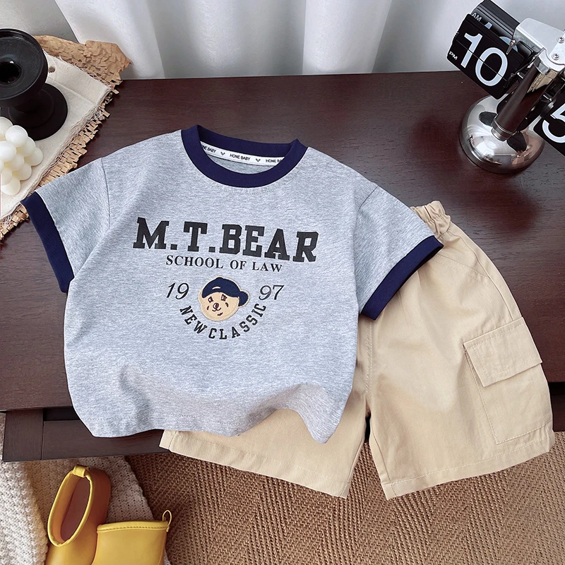 男童短袖衬衫潮牌套装男宝夏季短袖上衣男童牛仔短裤小童韩版套装