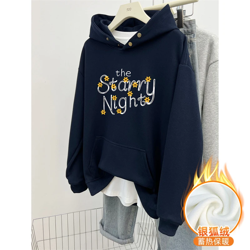 韩版花朵字母印花纽扣连帽卫衣女冬季加绒加厚潮流大码设计感上衣