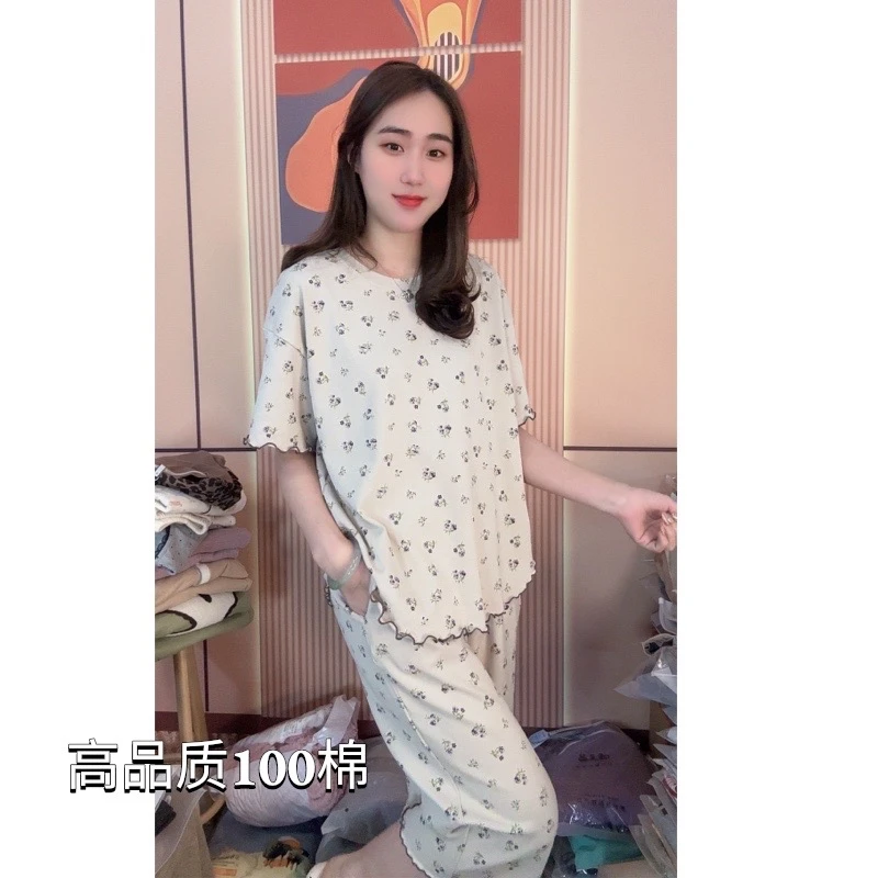 睡衣女夏季纯棉短袖七分裤时尚韩版家居服套装（清新小碎花七分裤）