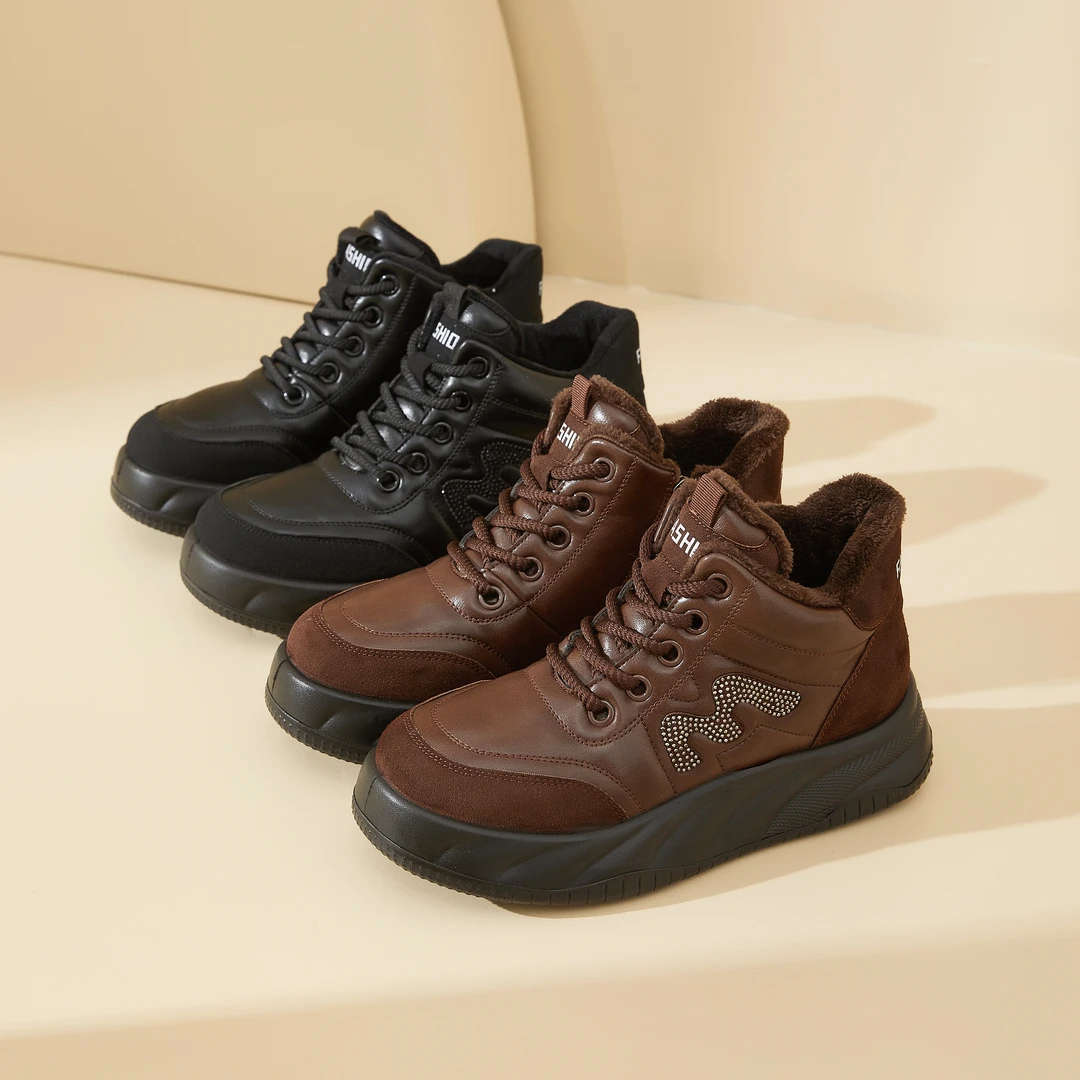 C95306-1大码软皮高帮运动鞋休闲舒适软底加绒防滑保暖秋冬平底鞋