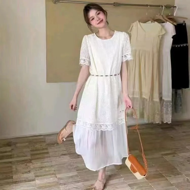 法式高端镂空刺绣假两件连衣裙女夏季收腰显瘦气质时尚蕾丝白色