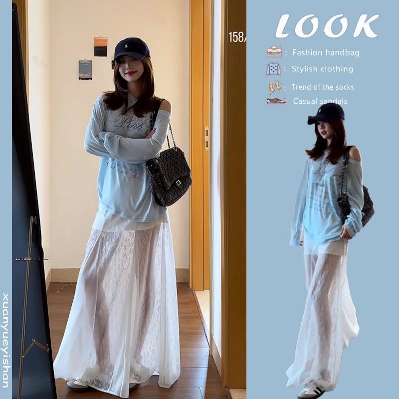 一整套夏季女套装2025新款韩版印花字母宽松罩衫蕾丝半身裙两件套